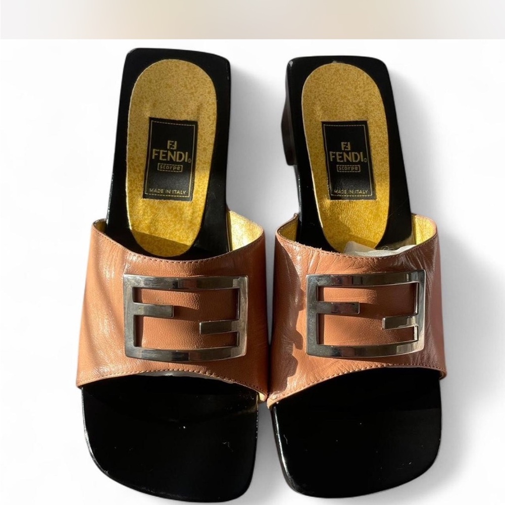 Fendi Tan and Black Mules with Geometric Design